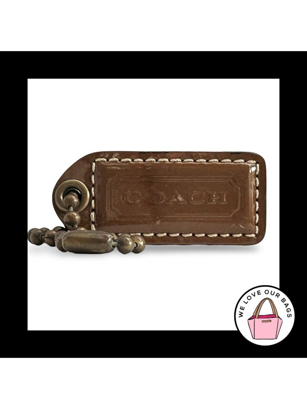 COACH Y2K VINTAGE HangTag 2" Brown Patent Leather Suede Bag Charm Antique Brass